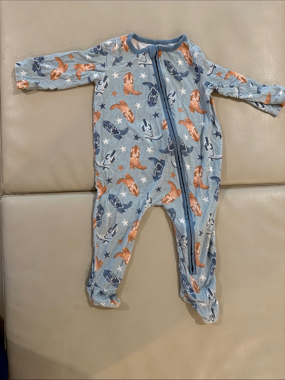 Blue Cowboy Boot Print Footed Baby One-Piece, BAMBOO
